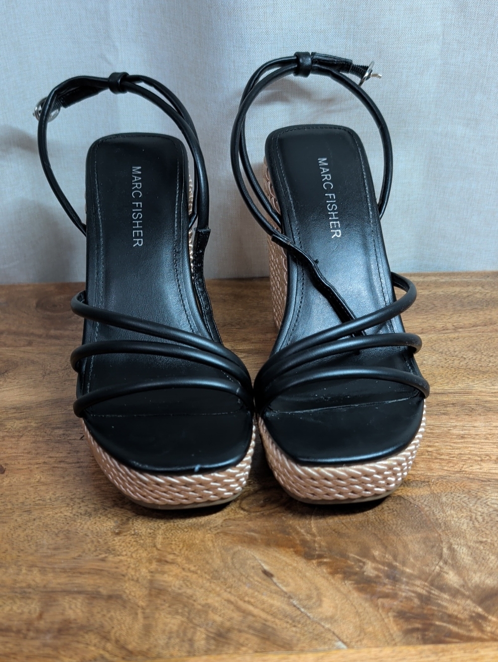 Marc Fisher Black Strappy Wedge Sandals with Tan Woven Platform